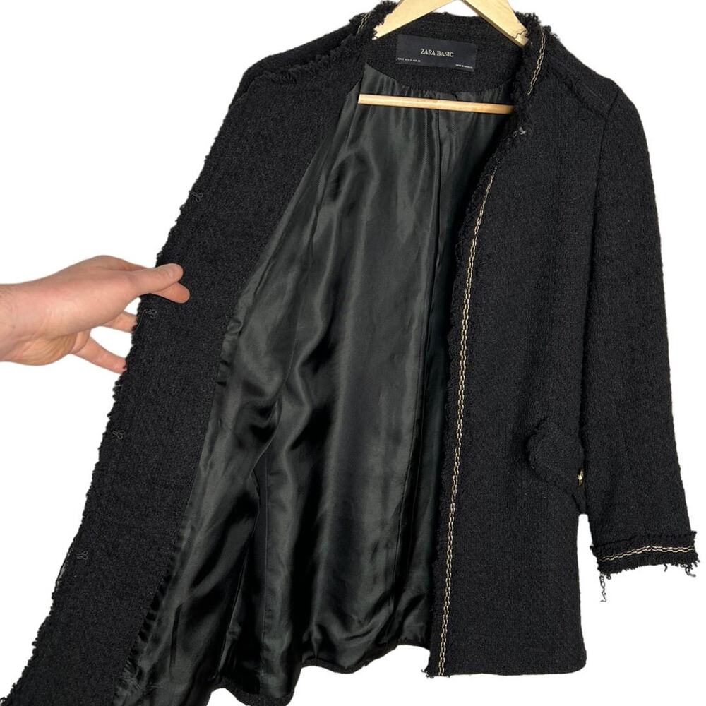 Zara S Tweed $149 Boucle Evening Coat Lady Textured Jacket Long Black Gold NEW! - Picture 8 of 11